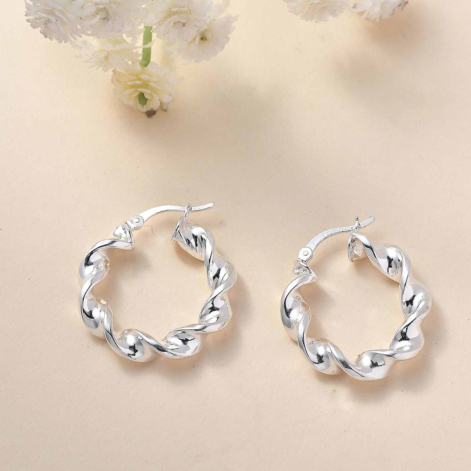 Platinum Overlay Sterling Silver Twisted Hoop Earrings