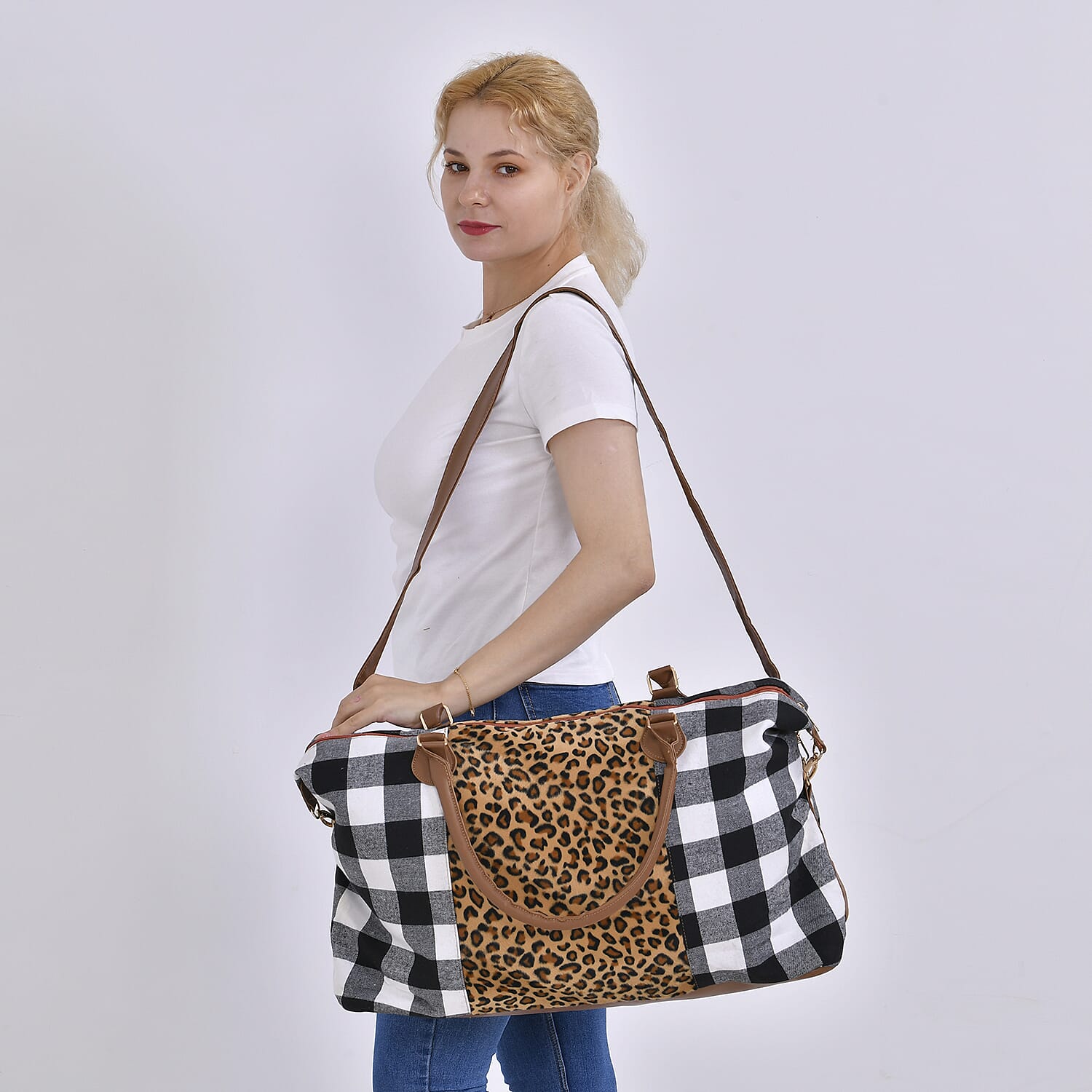 Leopard Travel Bag (Size 50x16x34 cm) - Brown and White