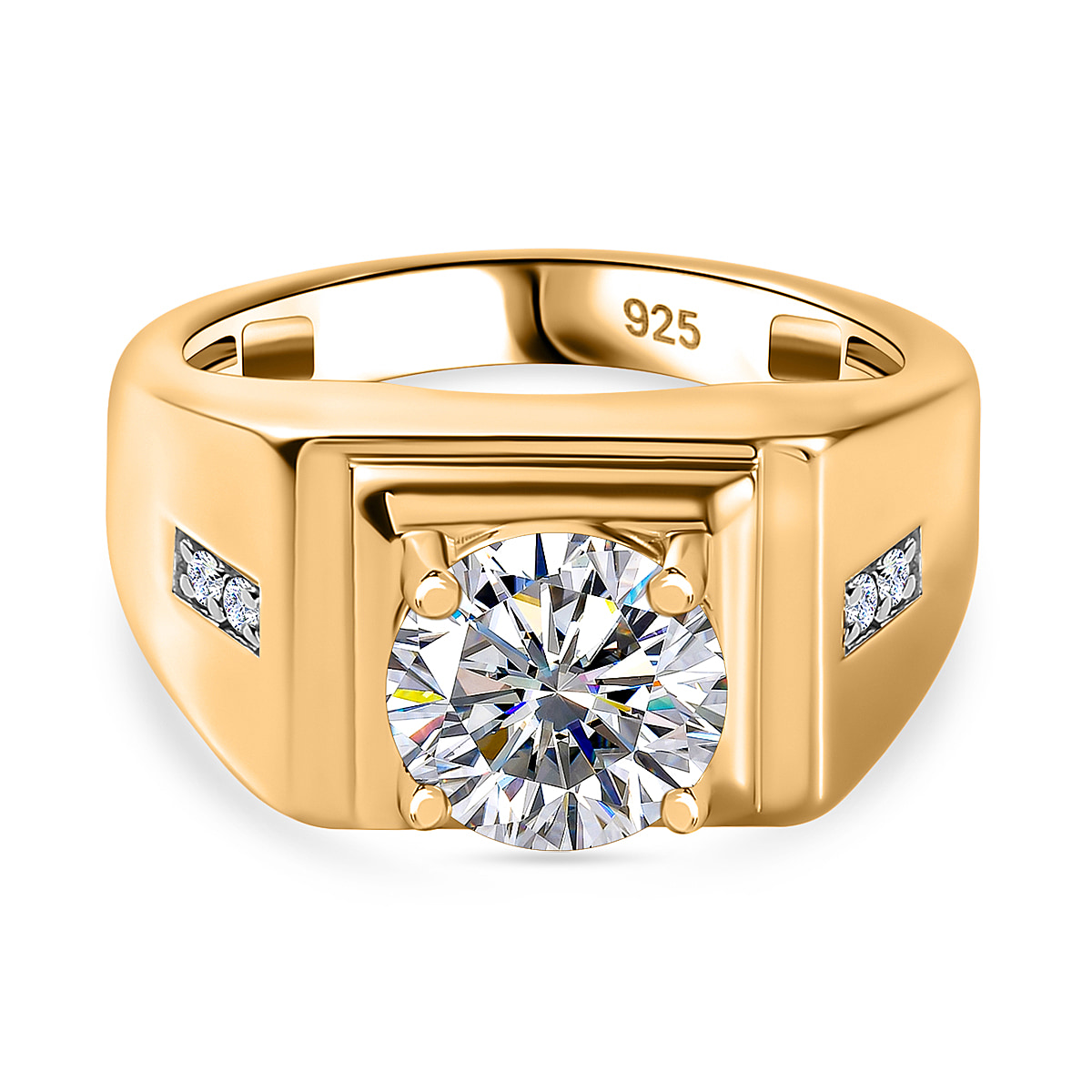 Moissanite Signet Ring in 18K Yellow Gold Vermeil Plated Sterling Silver 1.83 Ct, Silver Wt. 6.90 Gms