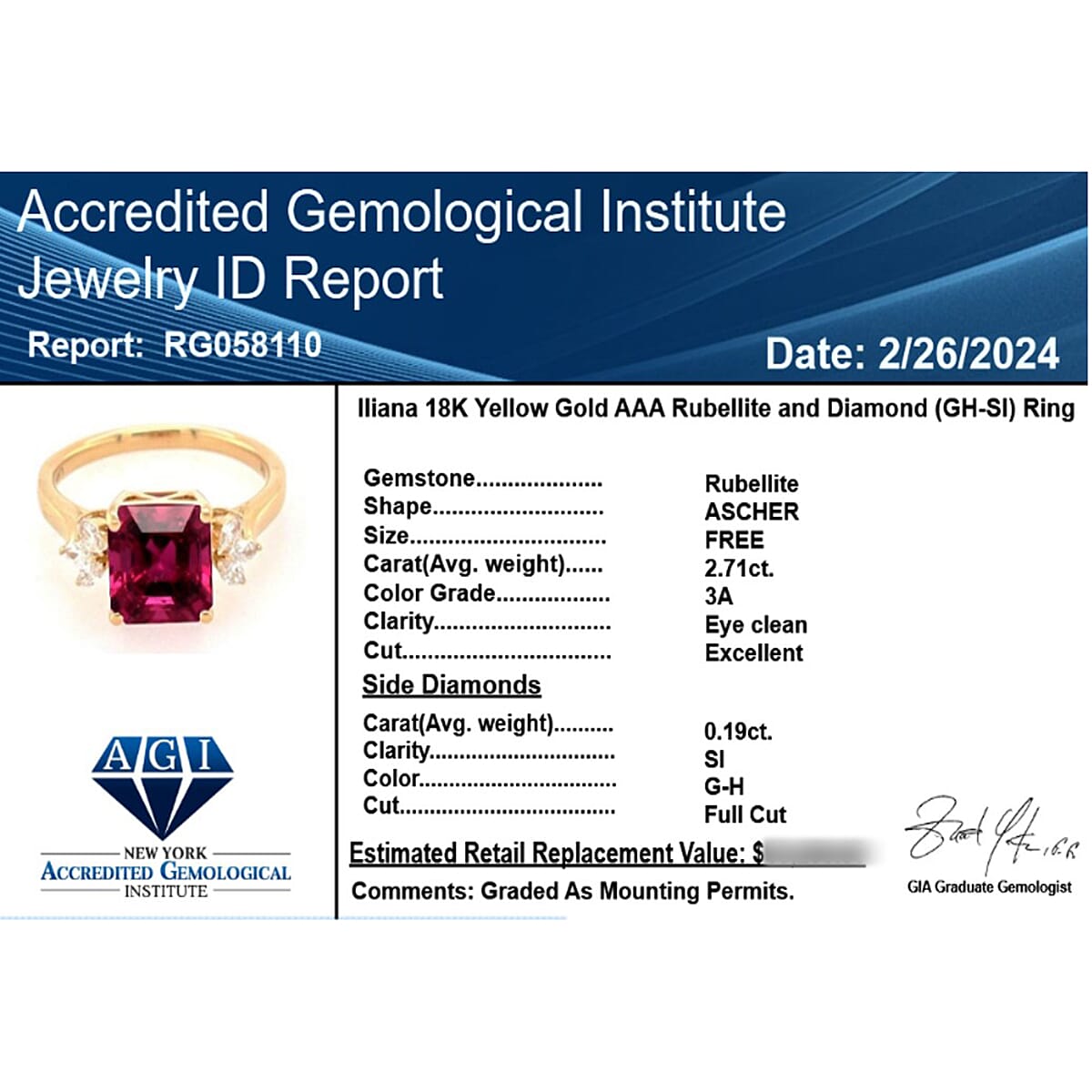 18K Yellow Gold  AAA   Rubellite ,  White Diamond  SI Ring 2.90 ct,  Gold Wt. 3.84 Gms  2.900  Ct.