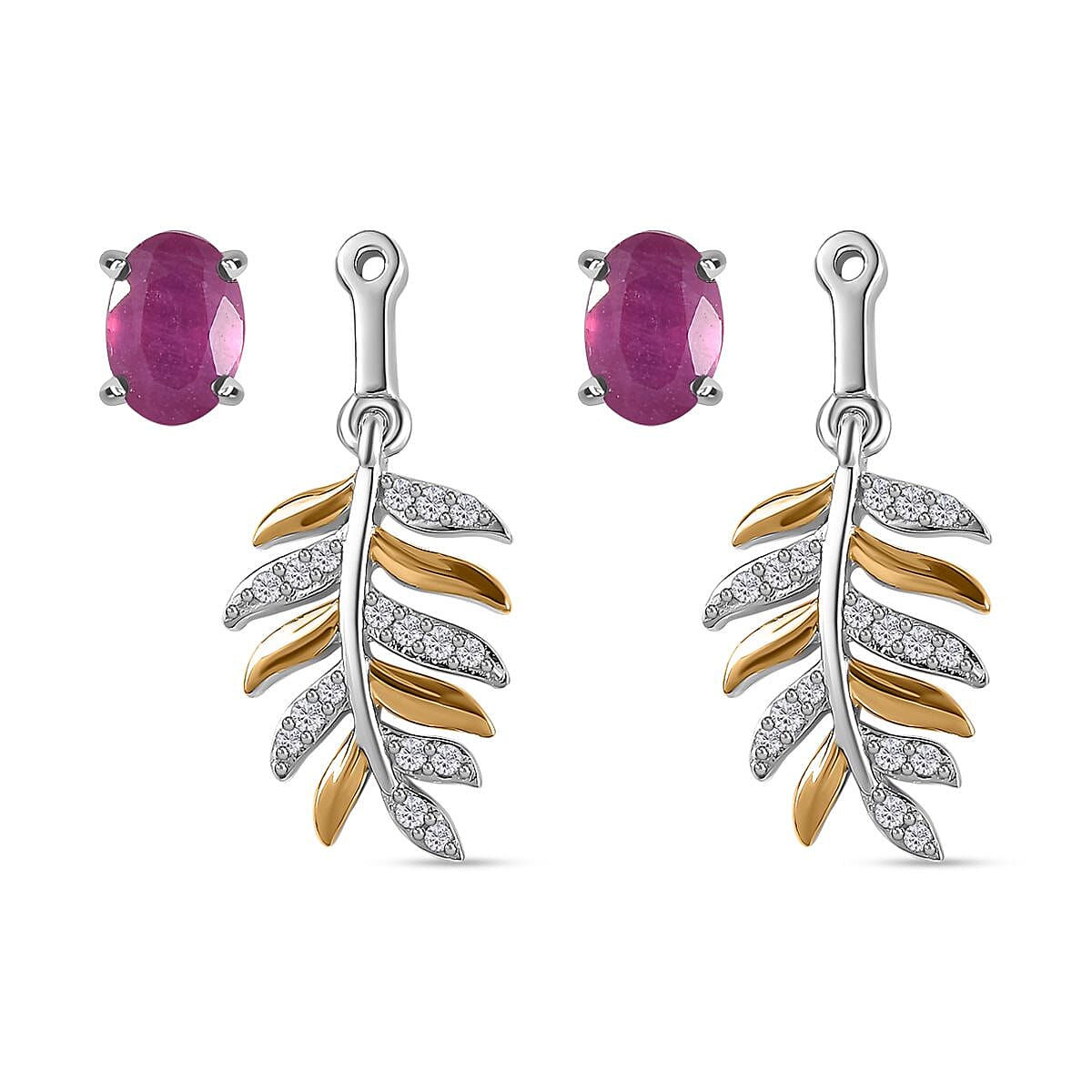 African Ruby & Natural Zircon Dangling Earrings in Sterling Silver 2.70 Ct.
