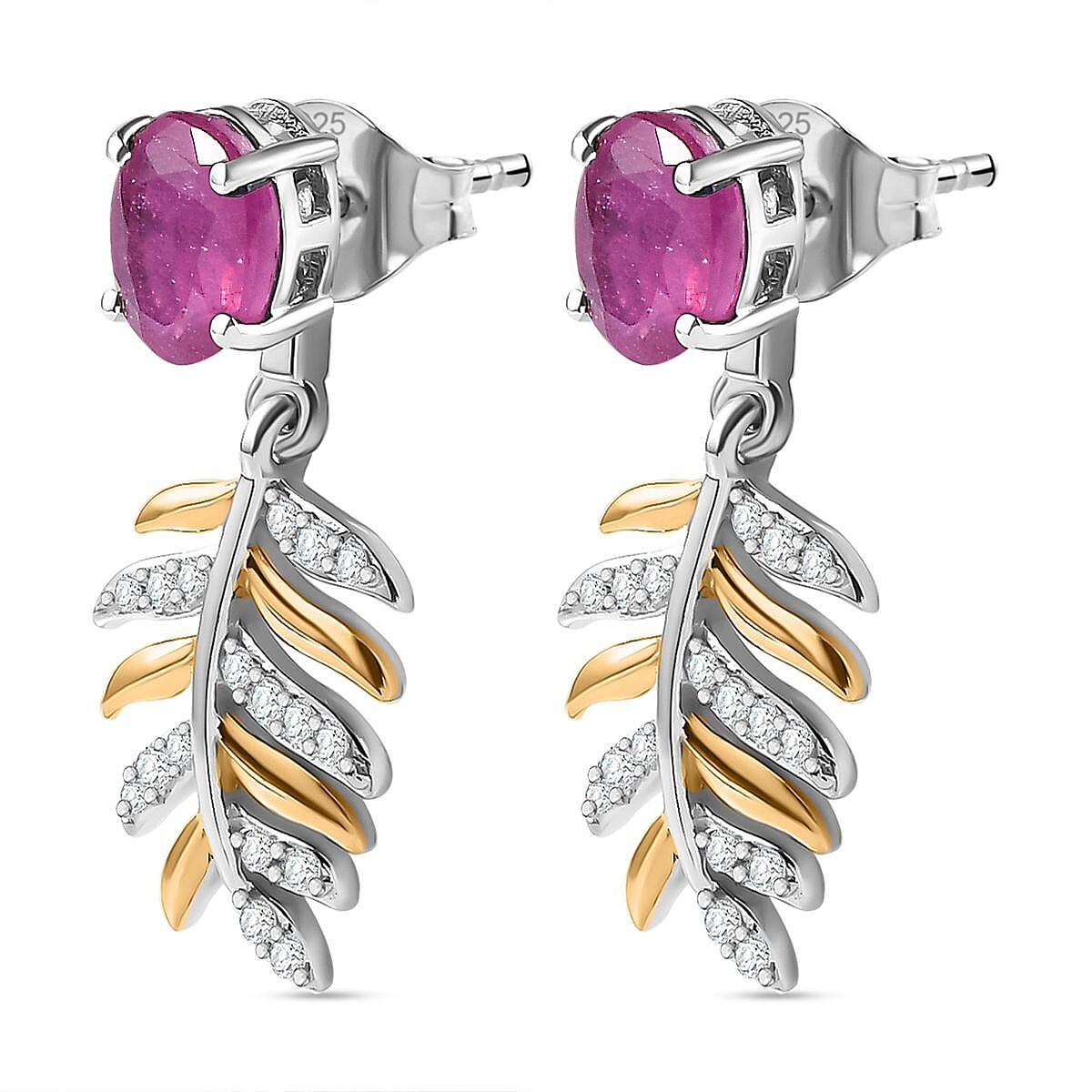 African Ruby & Natural Zircon Dangling Earrings in Sterling Silver 2.70 Ct.