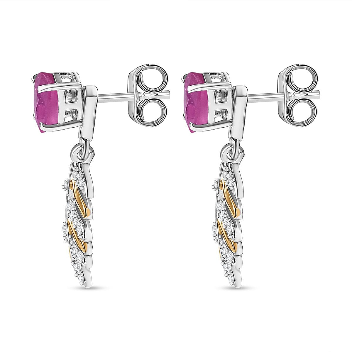 African Ruby & Natural Zircon Dangling Earrings in Sterling Silver 2.70 Ct.