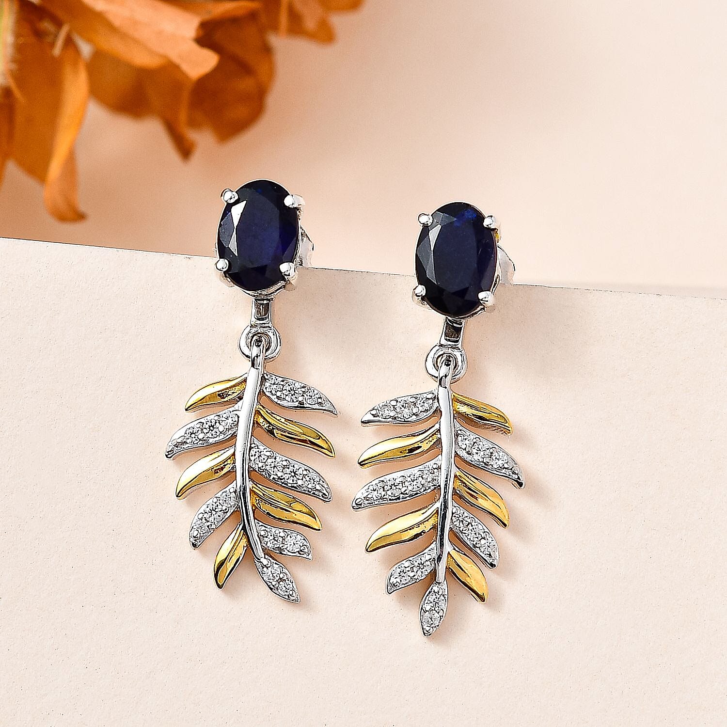 Masoala Sapphire & Natural Zircon Dangle Earrings in Platinum & 18K Vermeil YG Plated Sterling Silver 2.75 Ct.