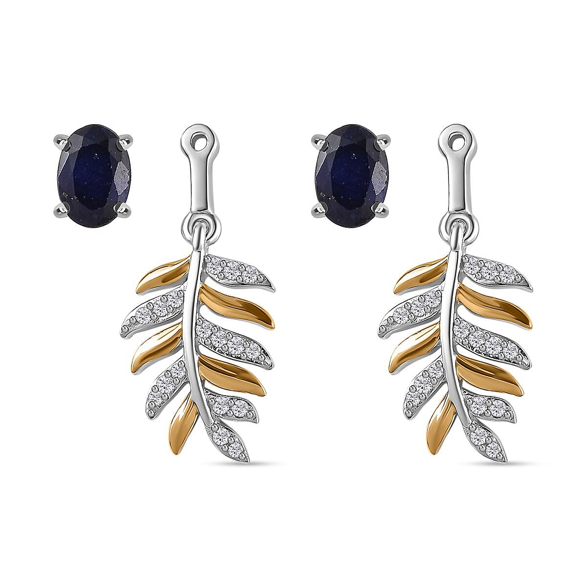 Masoala Sapphire & Natural Zircon Dangle Earrings in Platinum & 18K Vermeil YG Plated Sterling Silver 2.75 Ct.