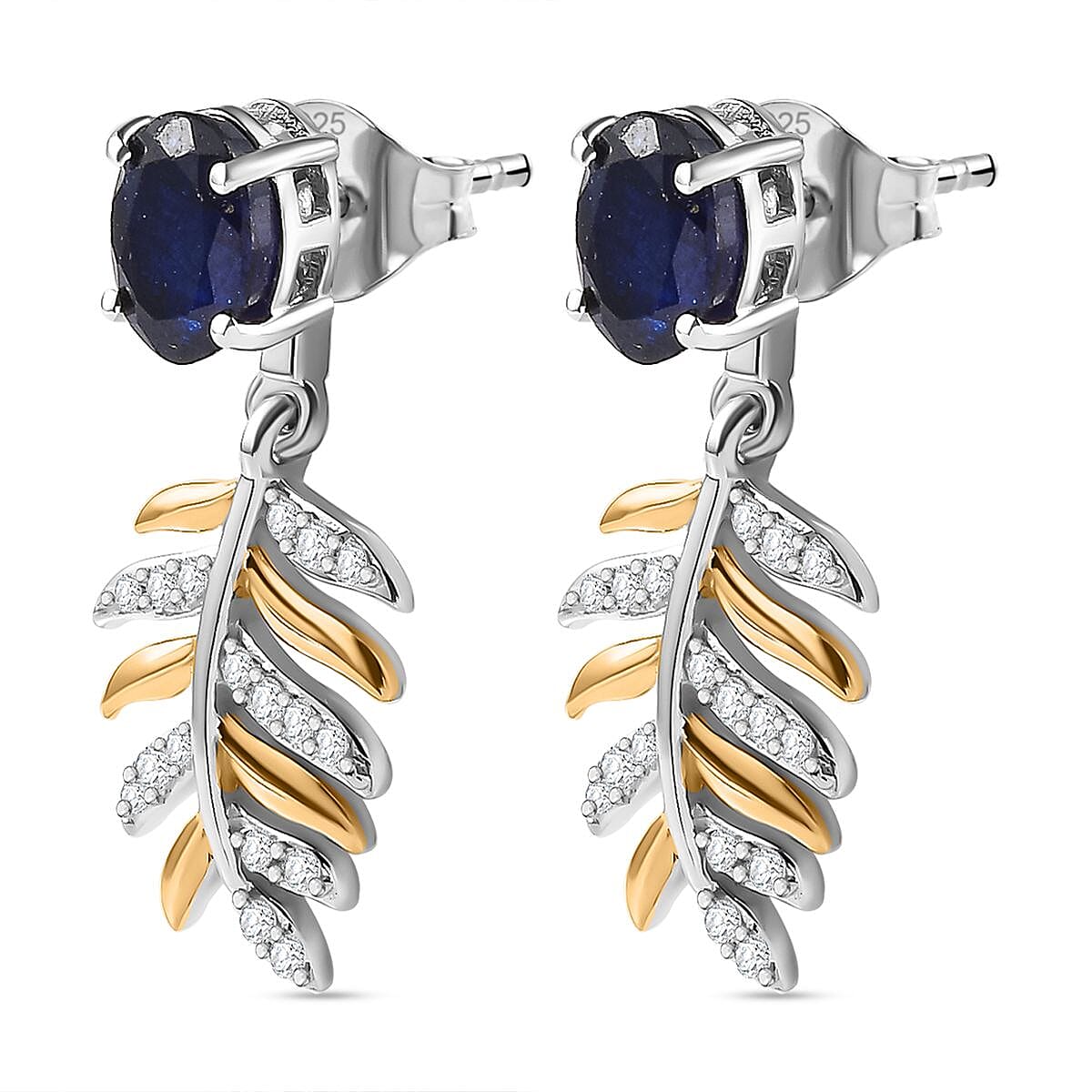 Masoala Sapphire & Natural Zircon Dangle Earrings in Platinum & 18K Vermeil YG Plated Sterling Silver 2.75 Ct.