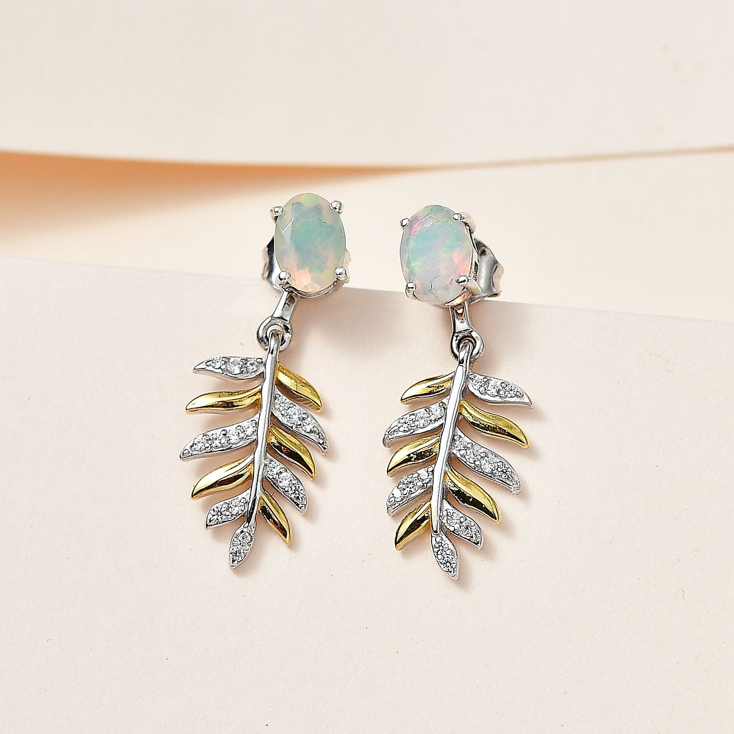 Ethiopian Welo Opal & Natural Zircon Leaf Dangle Earrings in Sterling Silver 2.38 Ct