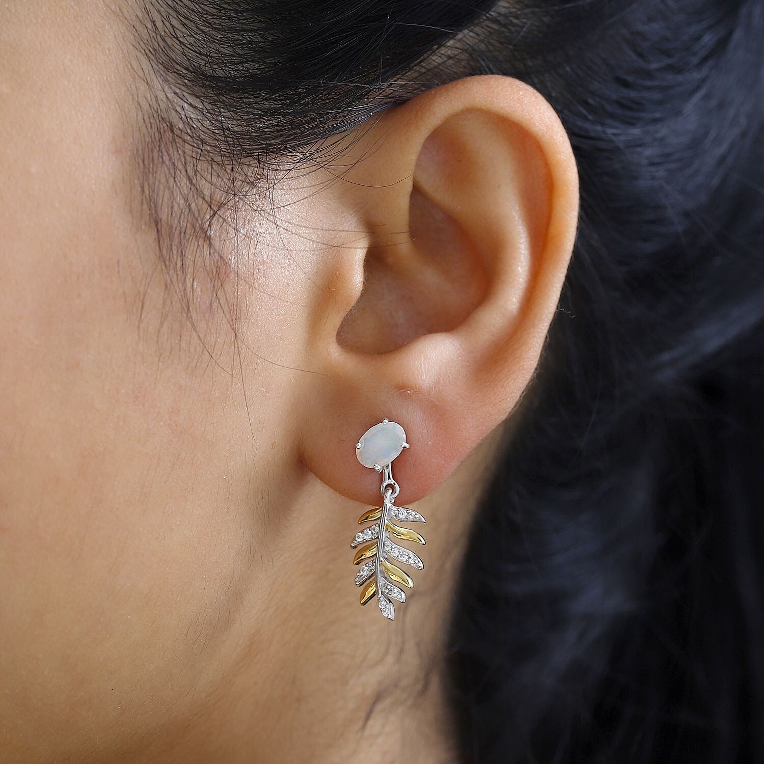 Ethiopian Welo Opal & Natural Zircon Leaf Dangle Earrings in Sterling Silver 2.38 Ct