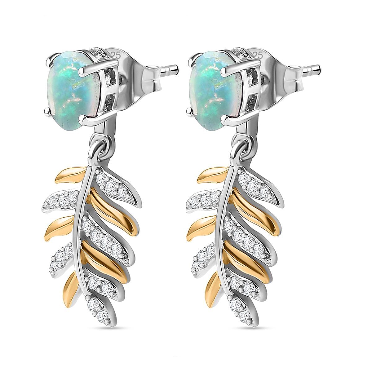 Ethiopian Welo Opal & Natural Zircon Leaf Dangle Earrings in Sterling Silver 2.38 Ct