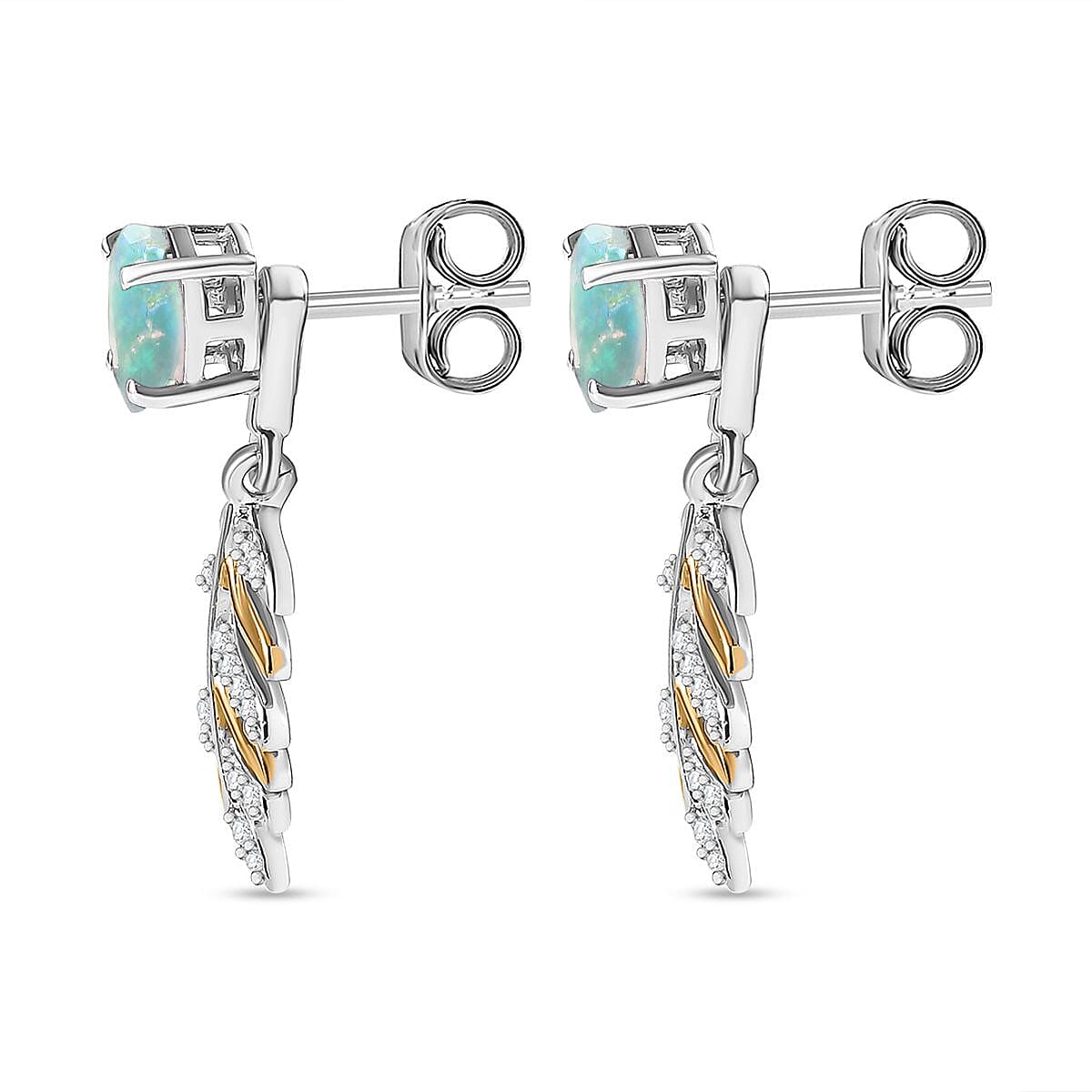 Ethiopian Welo Opal & Natural Zircon Leaf Dangle Earrings in Sterling Silver 2.38 Ct