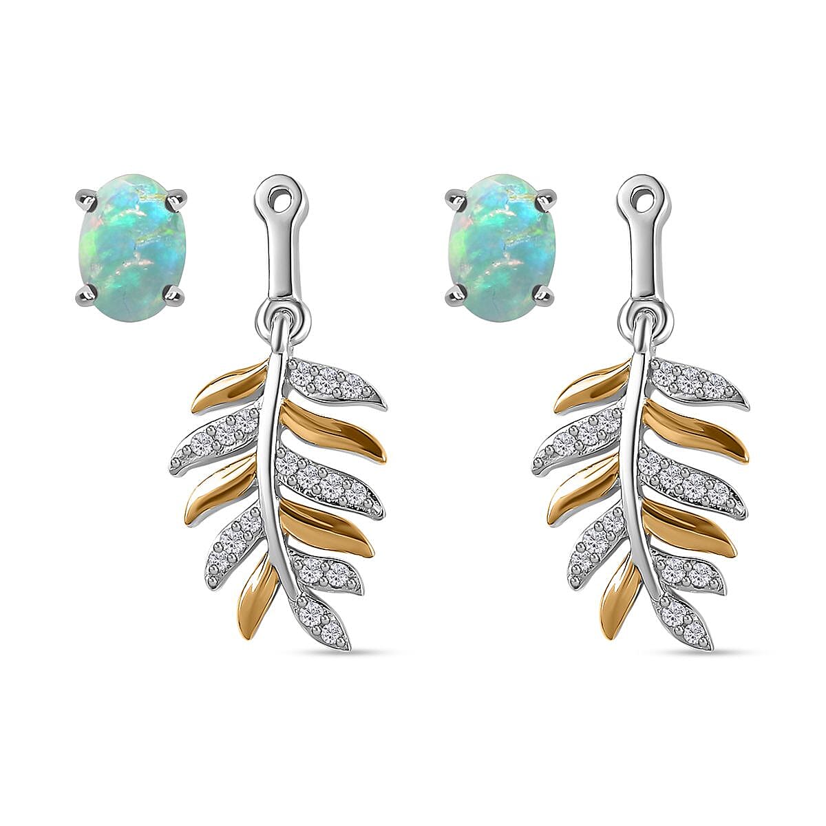 Ethiopian Welo Opal & Natural Zircon Leaf Dangle Earrings in Sterling Silver 2.38 Ct