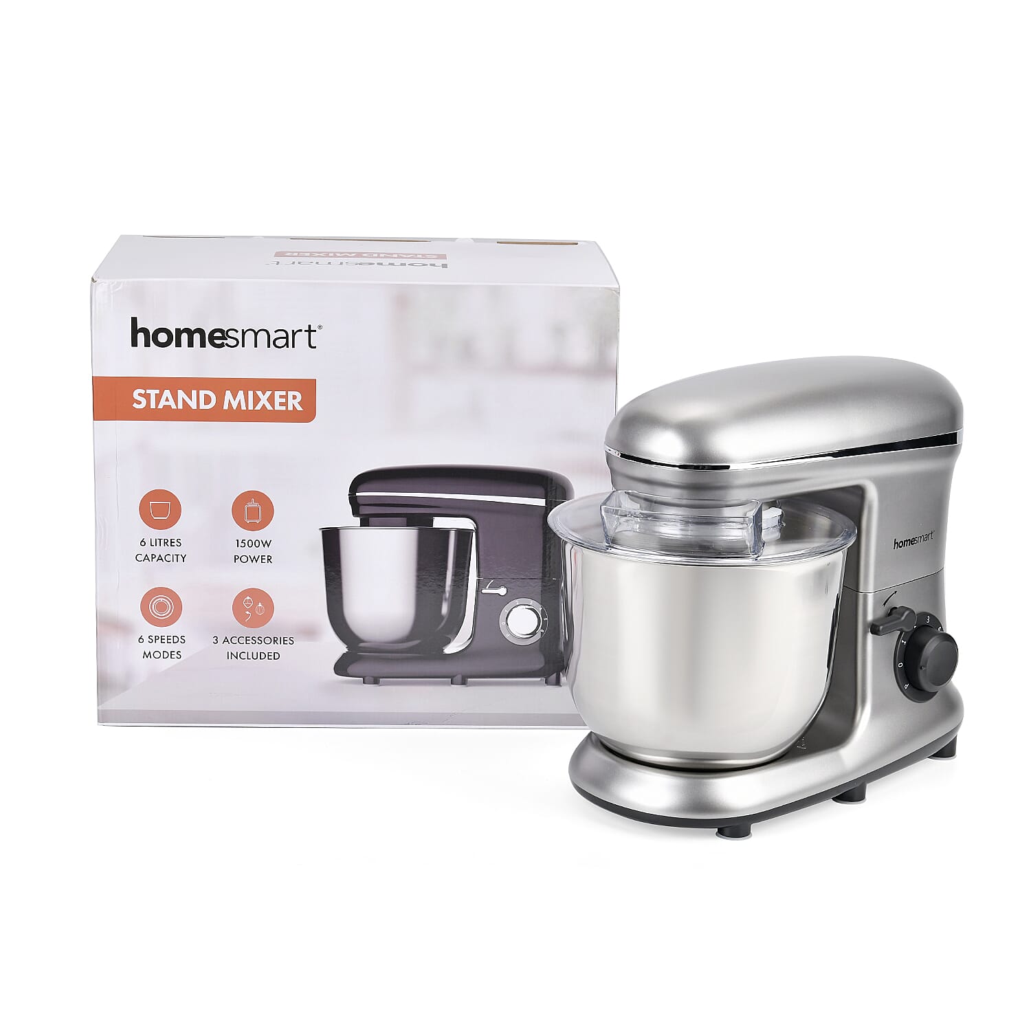 HOMESMART Stand Mixer with 3 Blades, 6 Speed Rotary Control Etc. (6.0 L,1500W) - Silver