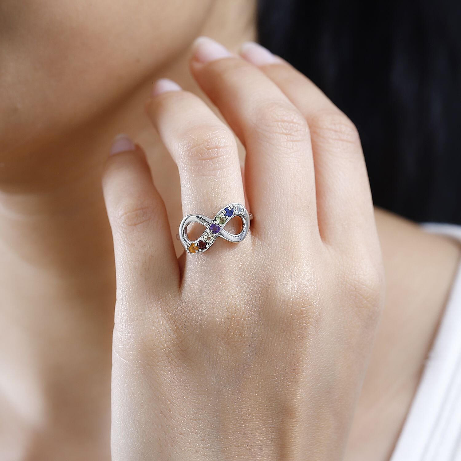 Aquamarine & Multi Gemstone Infinity Ring in Platinum Overlay Sterling Silver