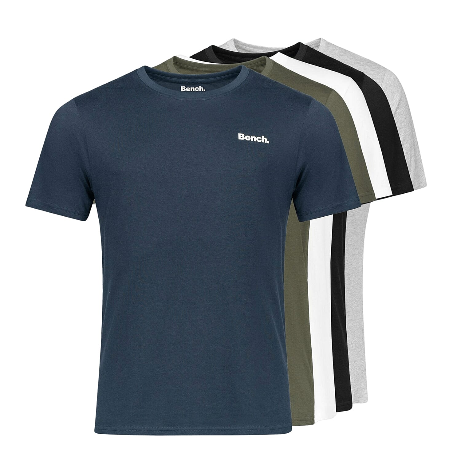 Pack of 5 BENCH Mens 100% Cotton Tee (Size L) - Grey, Black,Khaki, White, Navy