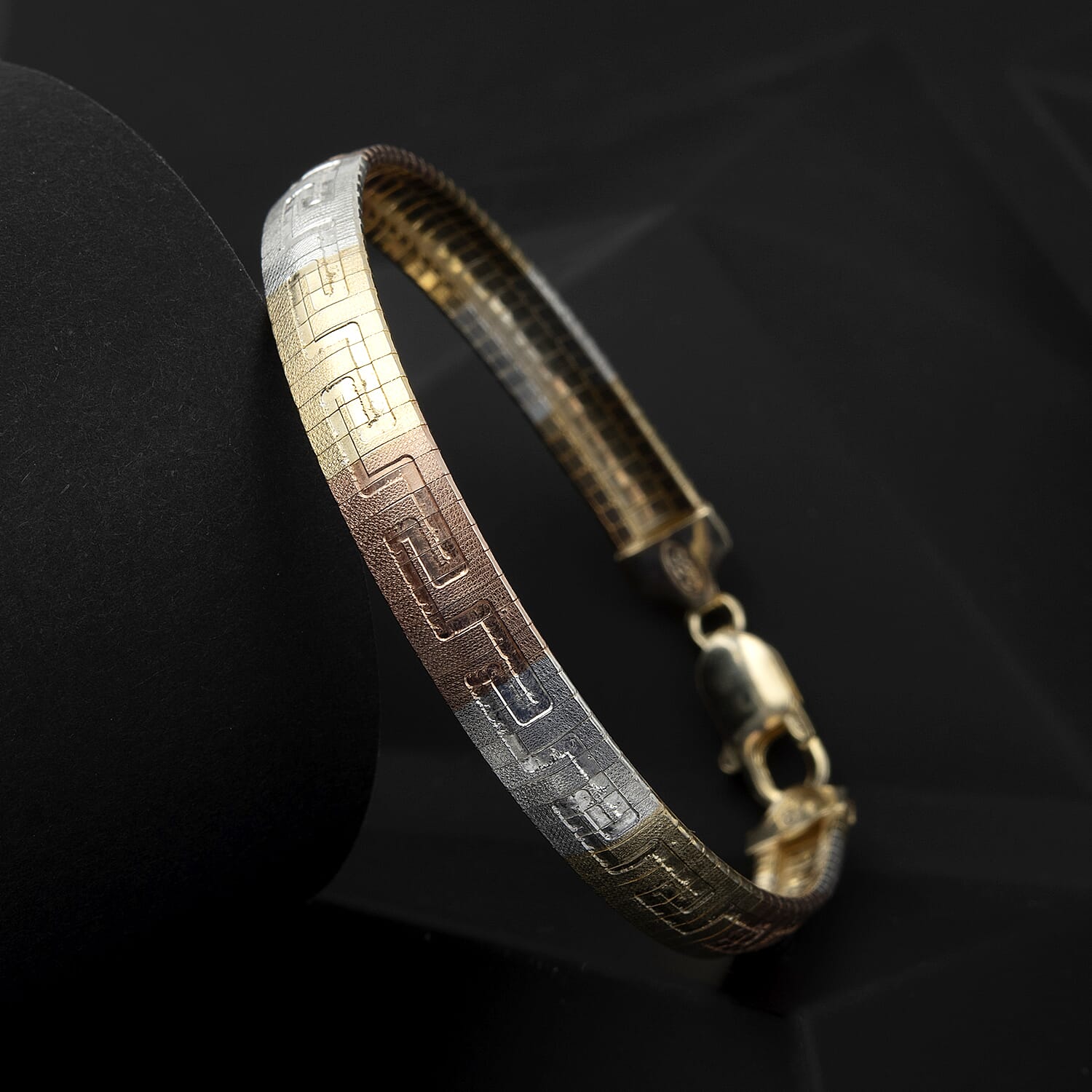 JCK Vegas Closeout - Greek Key Style Sterling Silver Tri - Colour Omega Bracelet With Lobster Clasp (Size - 7.5)