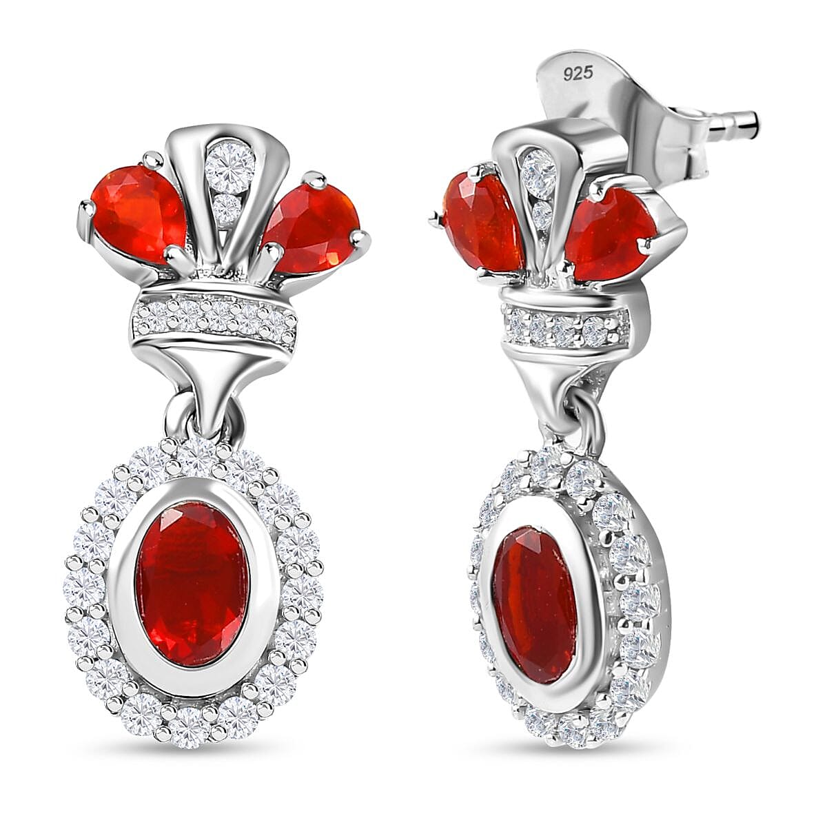 Salamanca Fire Opal & Natural Zircon Dangle Earrings in Platinum Overlay Sterling Silver 1.70 Ct.