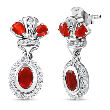 Salamanca Fire Opal & Natural Zircon Dangle Earrings in Platinum Overlay Sterling Silver 1.70 Ct.