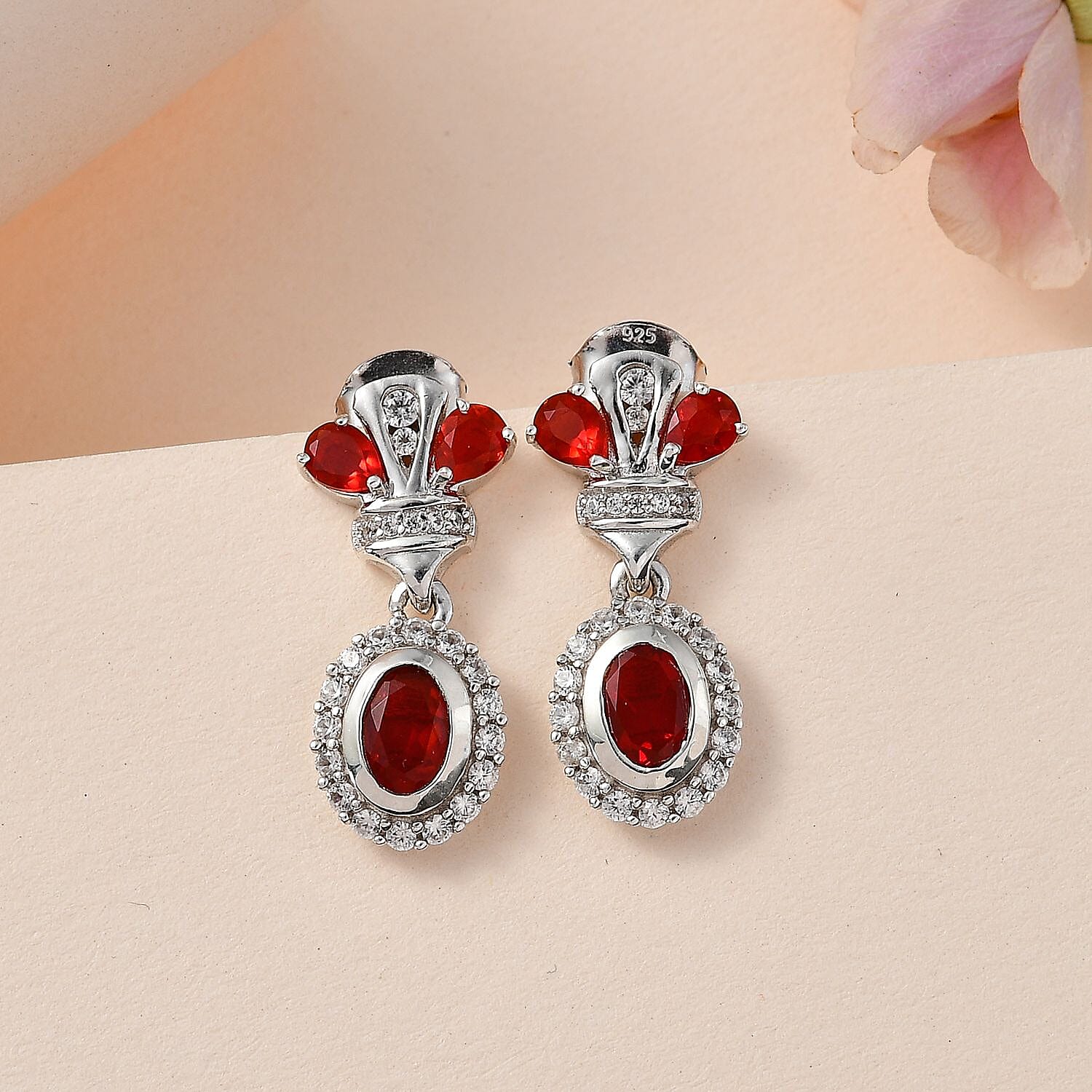 Salamanca Fire Opal & Natural Zircon Dangle Earrings in Platinum Overlay Sterling Silver 1.70 Ct.