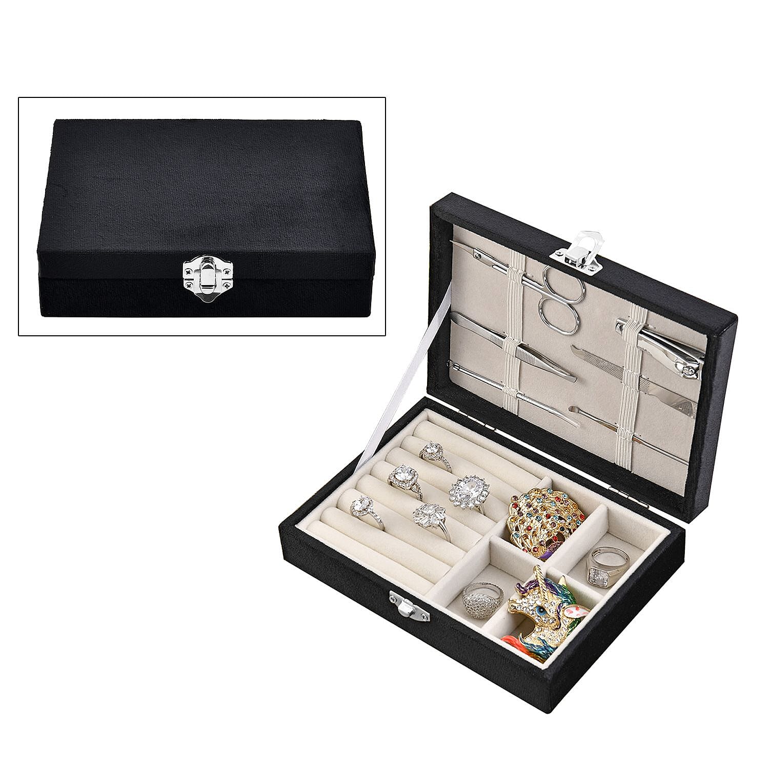 Velvet Patterned Jewellery Box with Six-Piece manicure set (Size 16x12x4 cm) - Black