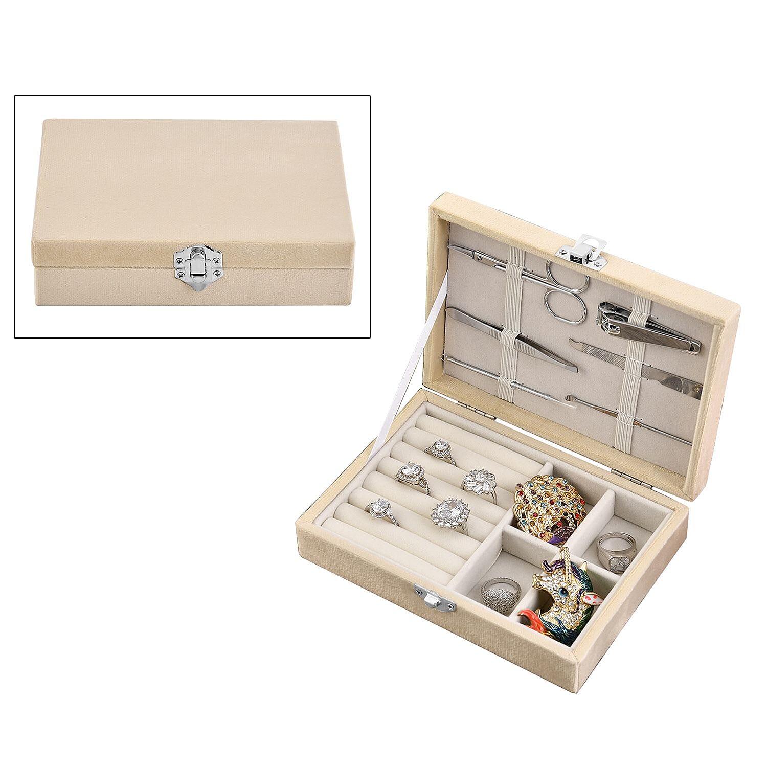 Velvet Jewelry Box with 6pcs Manicure Set (Size 16.5x12x4.5 cm) - Beige