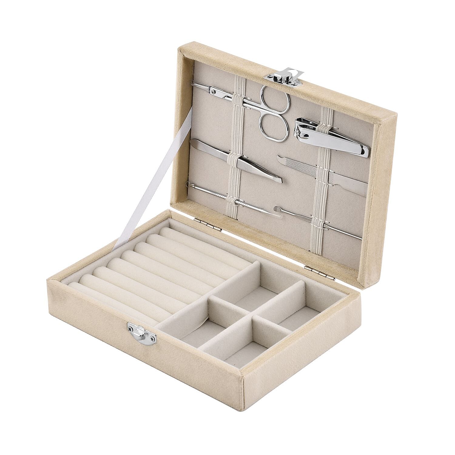 Velvet Jewelry Box with 6pcs Manicure Set (Size 16.5x12x4.5 cm) - Beige