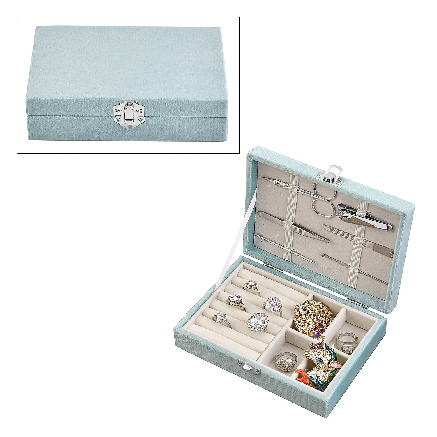 Velvet Patterned Jewellery Box with Six-Piece manicure set - Turquoise