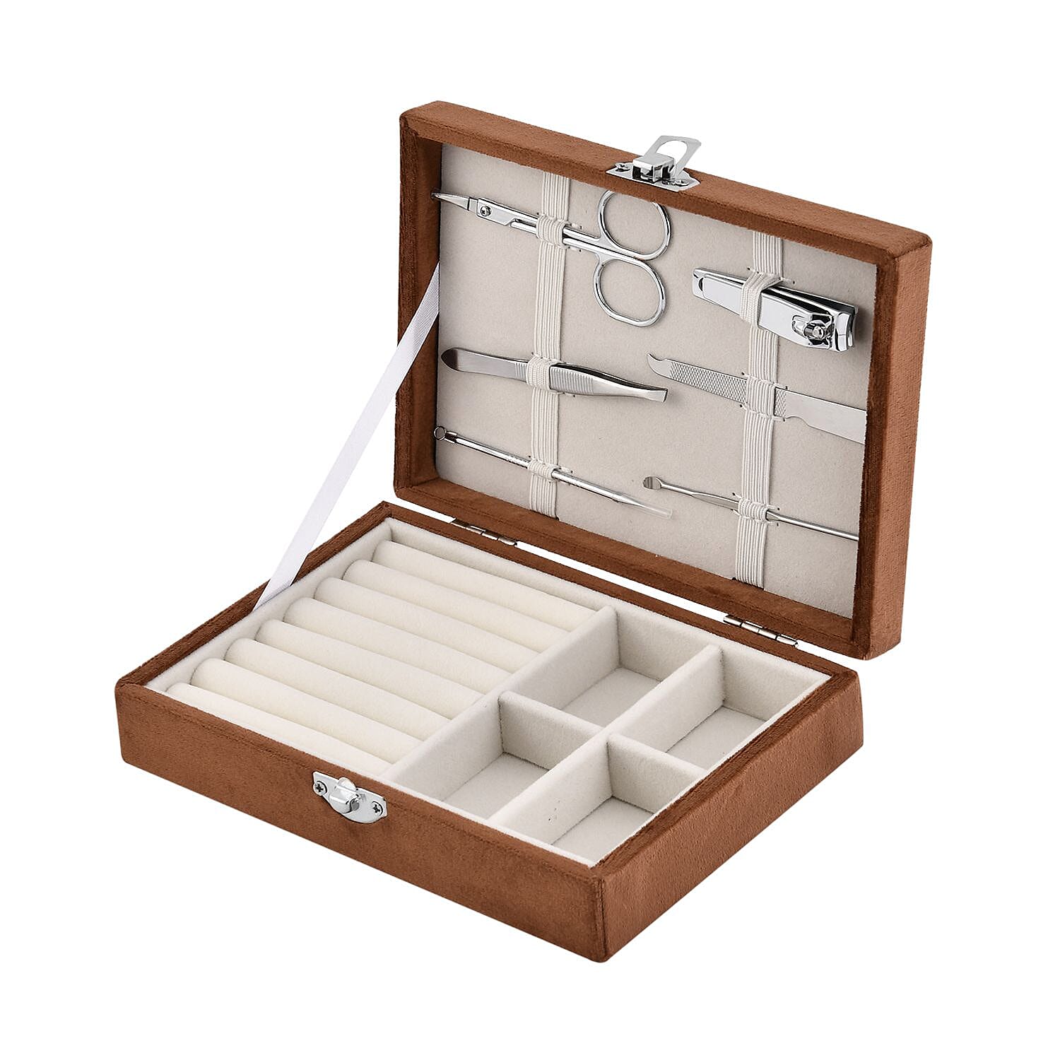 Velvet Jewelry Box with 6pcs Manicure Set (Size 16.5x12x4.5 cm) - Brown