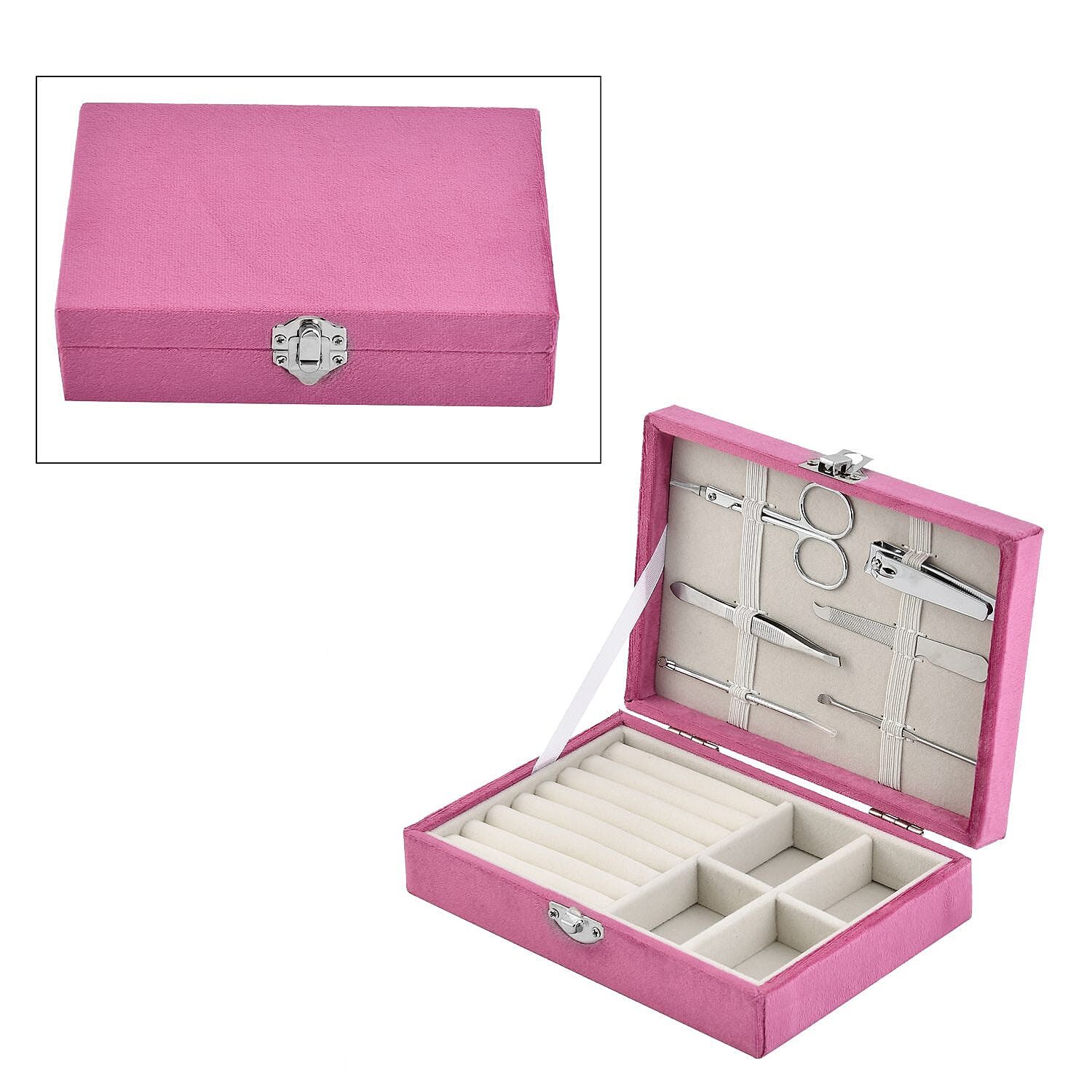 Velvet Patterned Jewellery Box with Six-Piece manicure set (Size 16x12x4 cm) - Pink