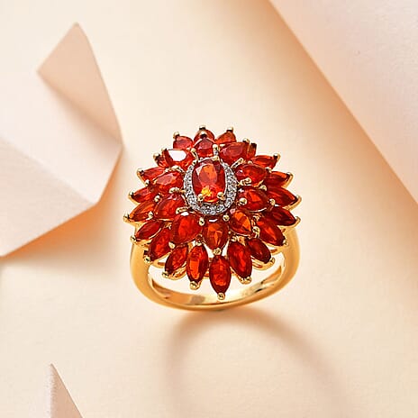 Salamanca Fire Opal & Natural Zircon Floral Ring in 18K Vermeil Yellow Gold Plated Sterling Silver 3.27 Ct.