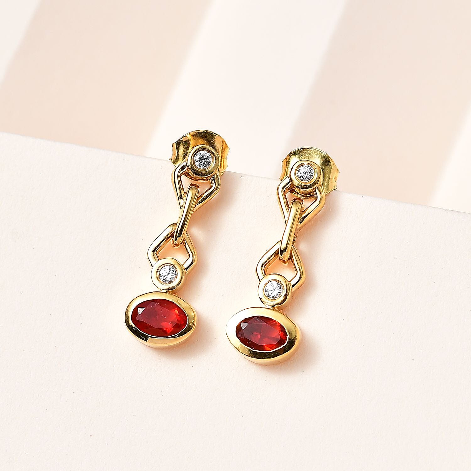 Salamanca Fire Opal & Natural Zircon Dangling Earrings in 18K Yellow Gold Vermeil Plated Sterling Silver