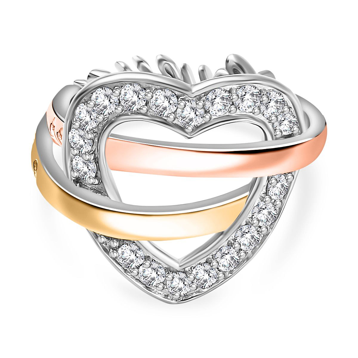 GP Amore Collection - Moissanite Heart Ring in Platinum, 18K YG & RG Vermeil Plated Sterling Silver, Silver Wt. 5.50 Gms