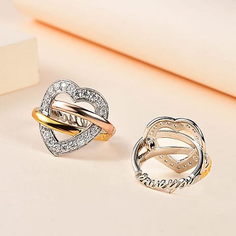 GP Amore Collection - Moissanite Heart Ring in Platinum, 18K YG & RG Vermeil Plated Sterling Silver, Silver Wt. 5.50 Gms