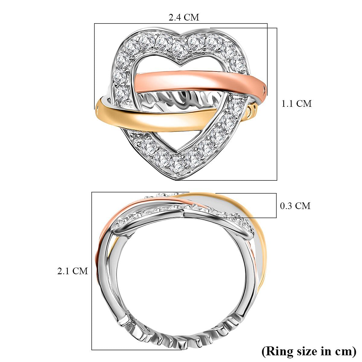 GP Amore Collection - Moissanite Heart Ring in Platinum, 18K YG & RG Vermeil Plated Sterling Silver, Silver Wt. 5.50 Gms GP Amore Collection - Moissanite Heart Ring in Platinum, 18K YG & RG Vermeil Plated Sterling Silver, Silver Wt. 5.50 Gms