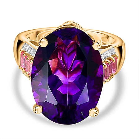 Large Size -  Premium Natural Morrocan Amethyst (OV 18X13mm, 12.50 Cts) with Pink Sapphire and Moissanite Ring in 18K Gold Vermeil  Sterling Silver 13.11 Ct