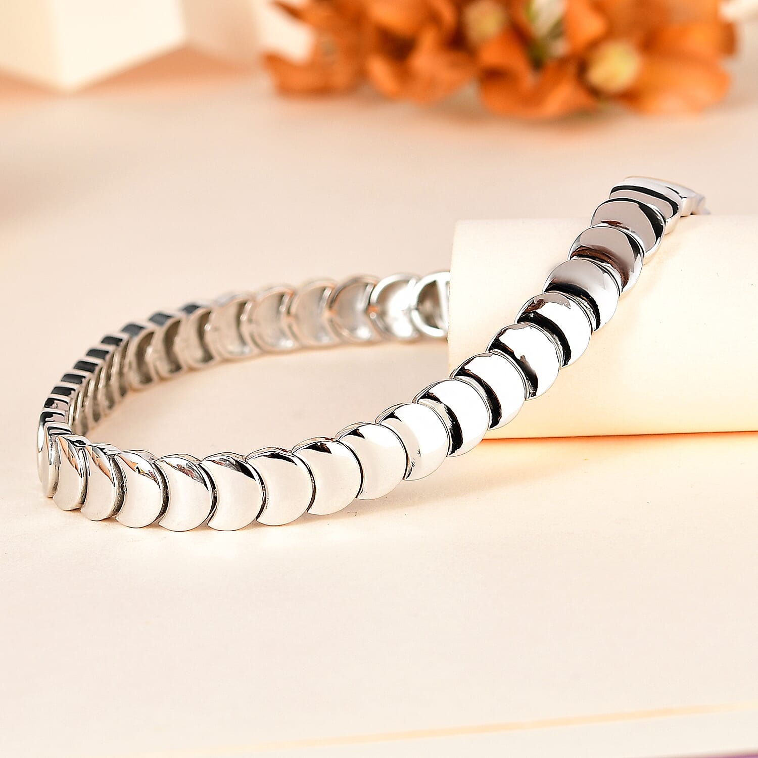 Designer Inspired- Platinum Overlay Sterling Silver Round Link Bracelet (Size - 7.5), Silver Wt. 20.70 Gms