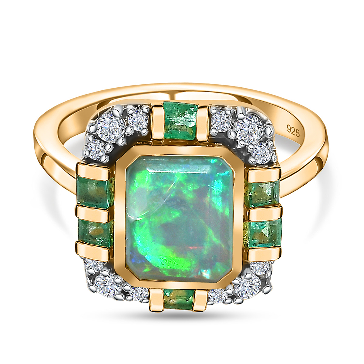 Ethiopian Welo Opal, Emerald & Moissanite Ring in 18K Vermeil Yellow Gold Plated Sterling Silver 2.00 Ct.
