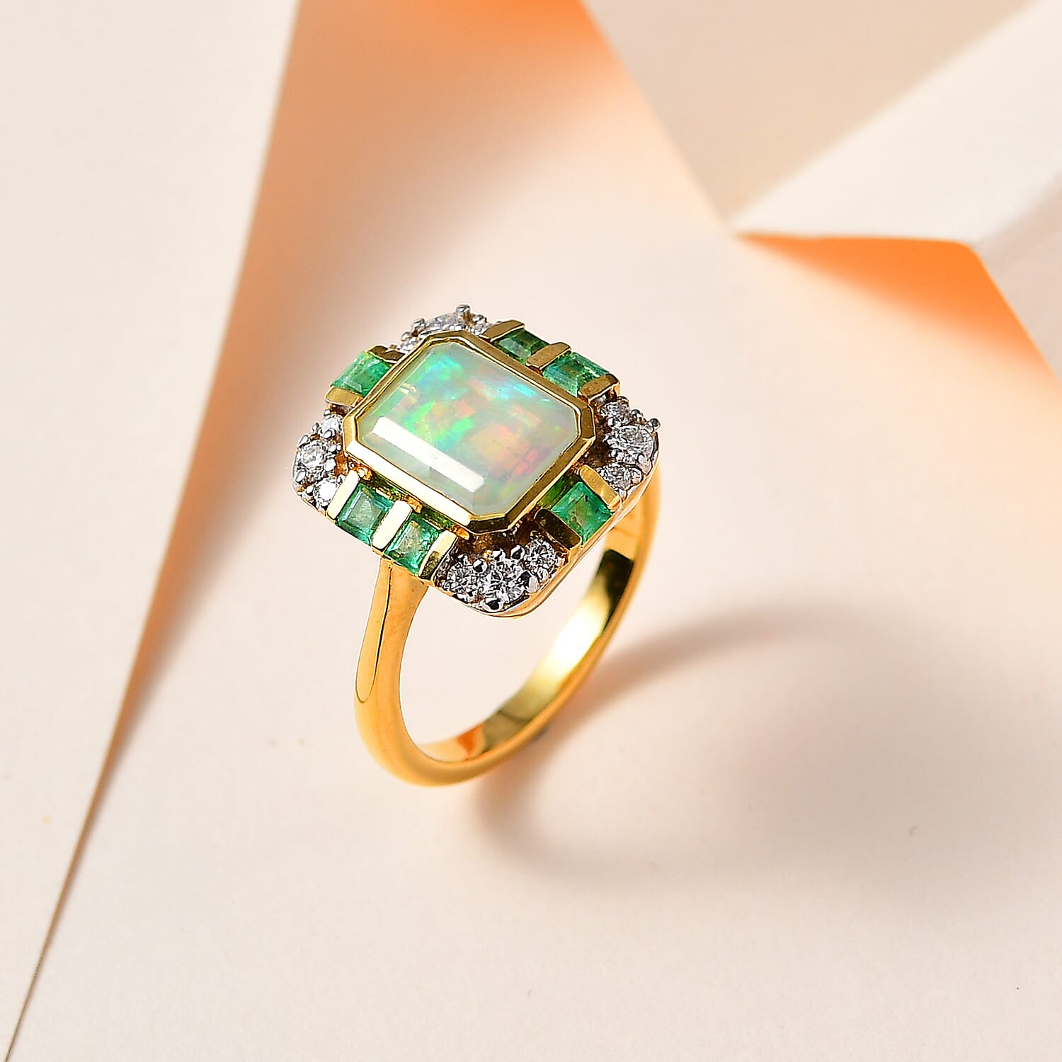 Ethiopian Welo Opal, Emerald & Moissanite Ring in 18K Vermeil Yellow Gold Plated Sterling Silver 2.00 Ct.