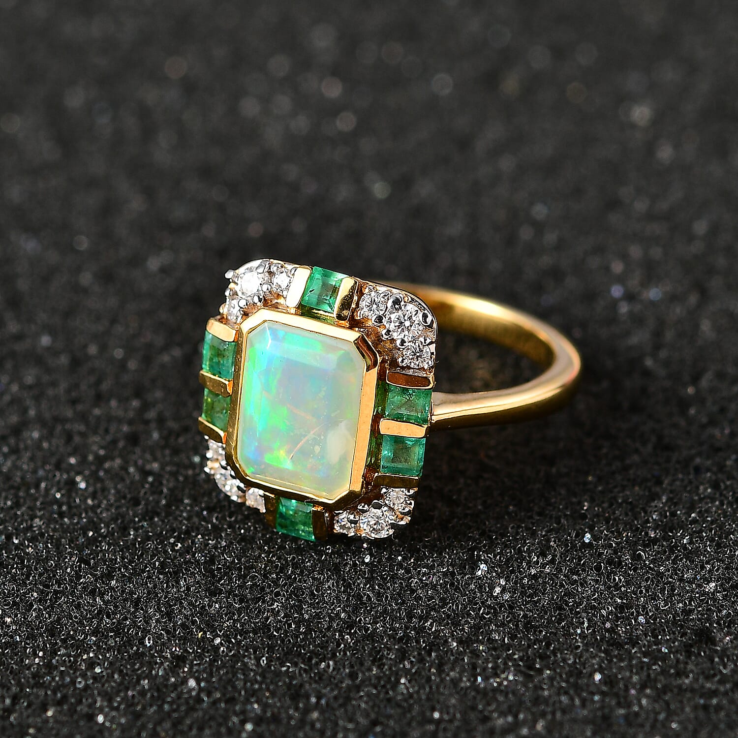 Ethiopian Welo Opal, Emerald & Moissanite Ring in 18K Vermeil Yellow Gold Plated Sterling Silver 2.00 Ct.