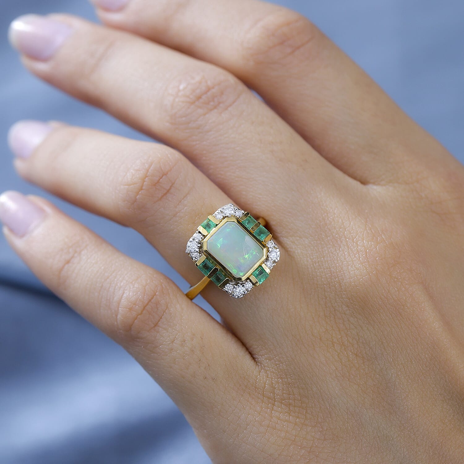 Ethiopian Welo Opal, Emerald & Moissanite Ring in 18K Vermeil Yellow Gold Plated Sterling Silver 2.00 Ct.