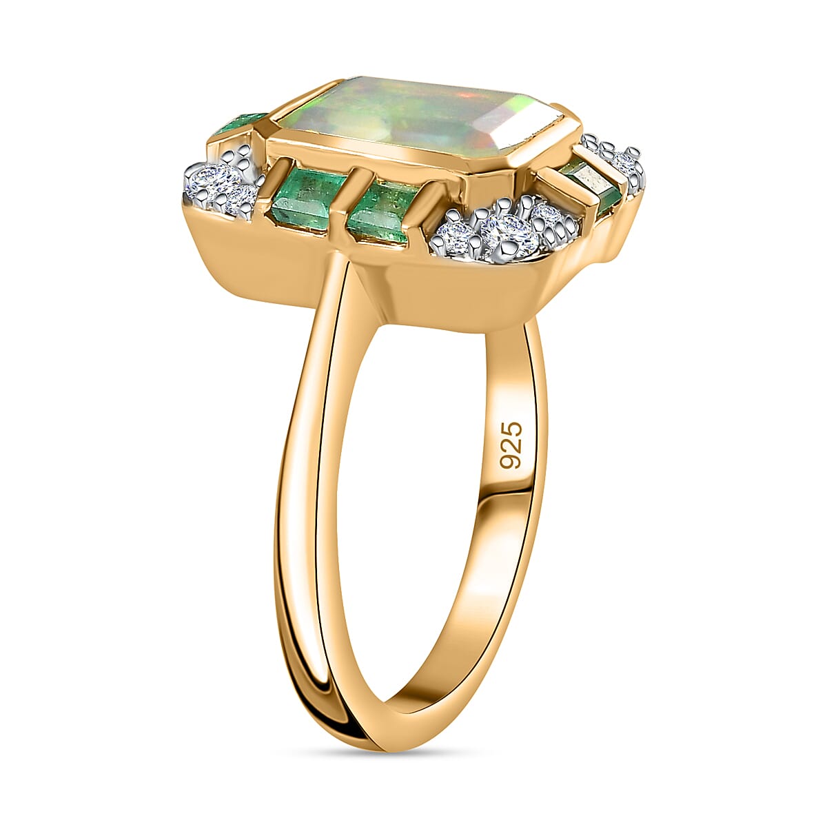 Ethiopian Welo Opal, Emerald & Moissanite Ring in 18K Vermeil Yellow Gold Plated Sterling Silver 2.00 Ct.