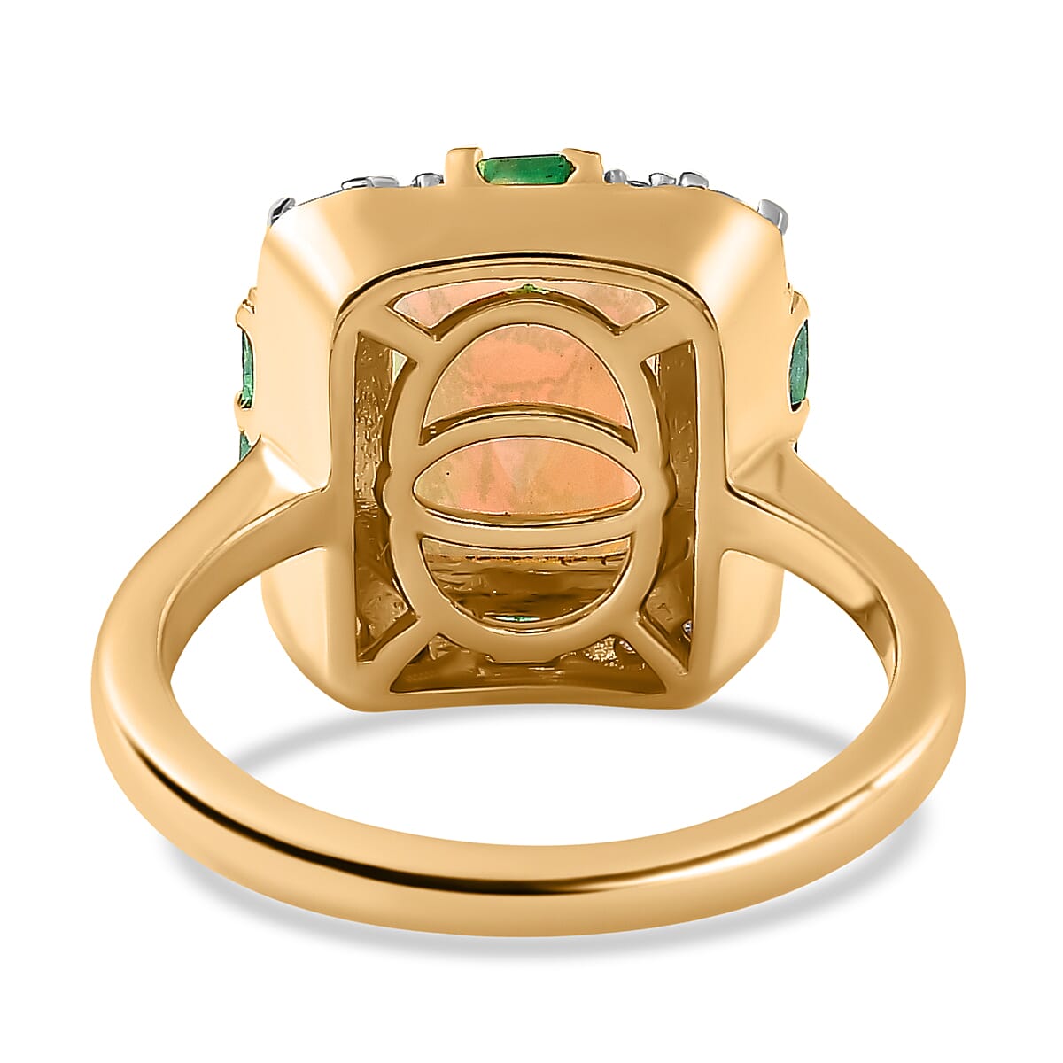 Ethiopian Welo Opal, Emerald & Moissanite Ring in 18K Vermeil Yellow Gold Plated Sterling Silver 2.00 Ct.