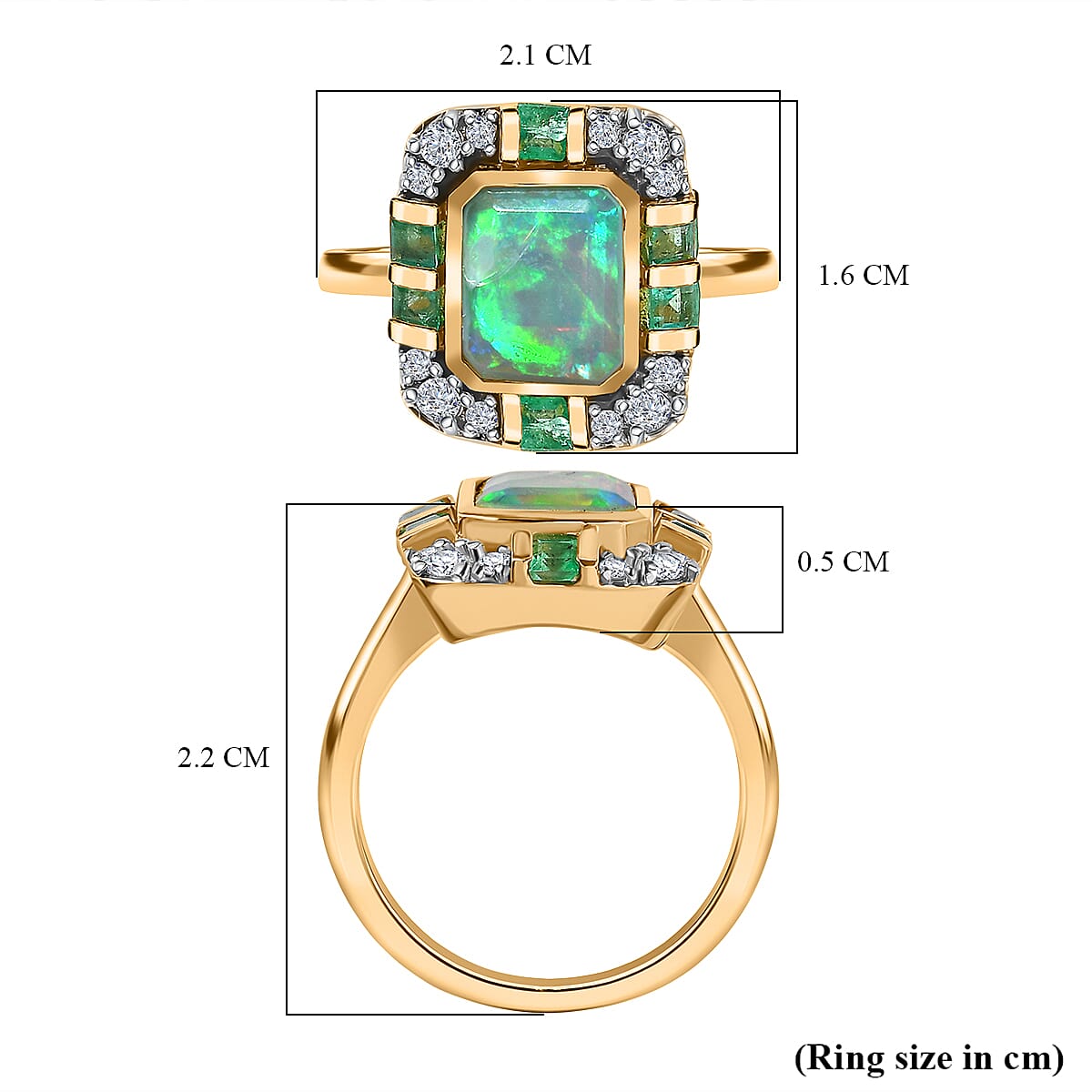Ethiopian Welo Opal, Emerald & Moissanite Ring in 18K Vermeil Yellow Gold Plated Sterling Silver 2.00 Ct.