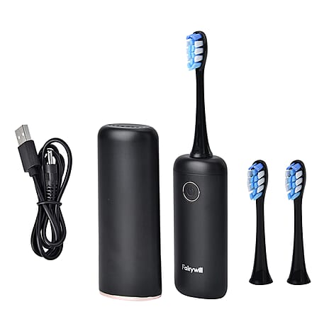 Fairywill T9 Electric Toothbrush with 4 Brush Heads & 1 Vented Cap (USB Powered 650mAh Rechargeable Battery) - Black