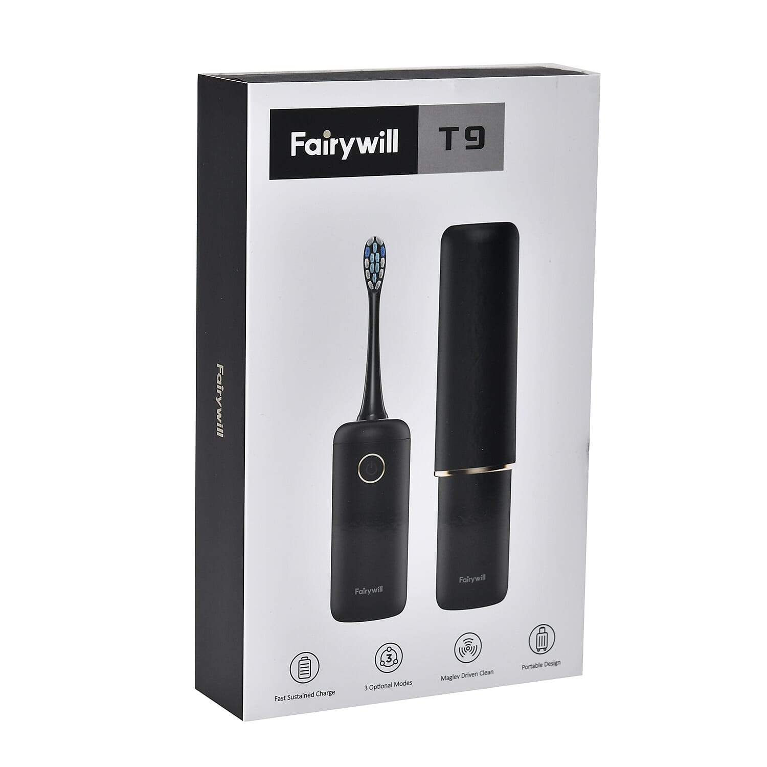 Fairywill T9 Electric Toothbrush with 4 Brush Heads & 1 Vented Cap (USB Powered 650mAh Rechargeable Battery) - Black