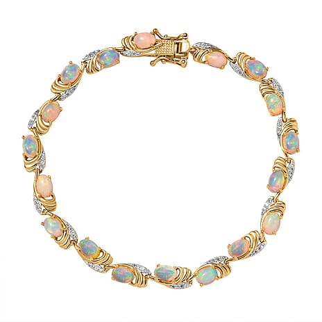 Wegeltena Ethiopian Opal & Natural Zircon Bracelet (Size 7.0) in 18K Vermeil Yellow Gold Plated Sterling Silver 4.74 Ct, Silver Wt. 10.11 Gms