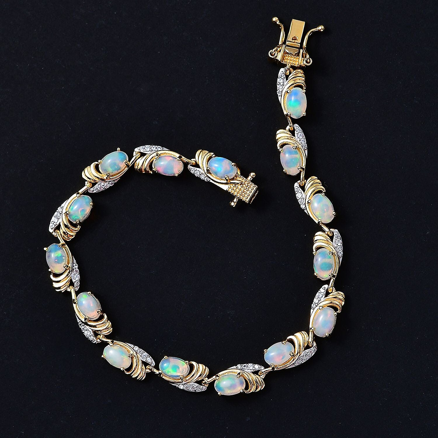 Wegeltena Ethiopian Opal & Natural Zircon Bracelet (Size 7.0) in 18K Vermeil Yellow Gold Plated Sterling Silver 4.74 Ct, Silver Wt. 10.11 Gms