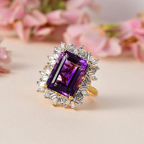 Moroccan Amethyst & Natural Zircon Ring in Vermeil YG Plated Sterling Silver 8.50 Ct.