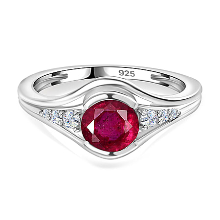 African Ruby & Natural Zircon Ring in Platinum Overlay Sterling Silver 1.37 Ct.