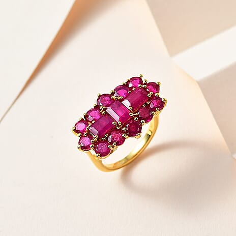 African Ruby Boat Cluster Ring in 18K Yellow Gold Vermeil Plated Sterling Silver 6.95 Ct.