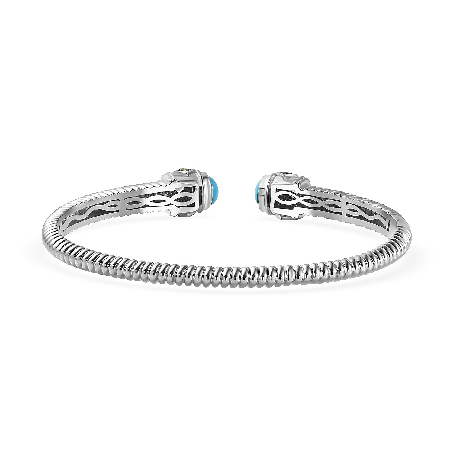 Designer Inspired - Arizona Sleeping Beauty Turquoise and Tourmaline Bangle (Size 7.5) in Paltinum Overlay Sterling Silver, Silver Wt. 26.00 GM Designer Inspired - Arizona Sleeping Beauty Turquoise and Tourmaline Bangle (Size 7.5) in Paltinum Overlay Sterling Silver, Silver Wt. 26.00 GM